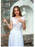 Cap Sleeves White Lace Chiffon Slit Airy Wedding Dress